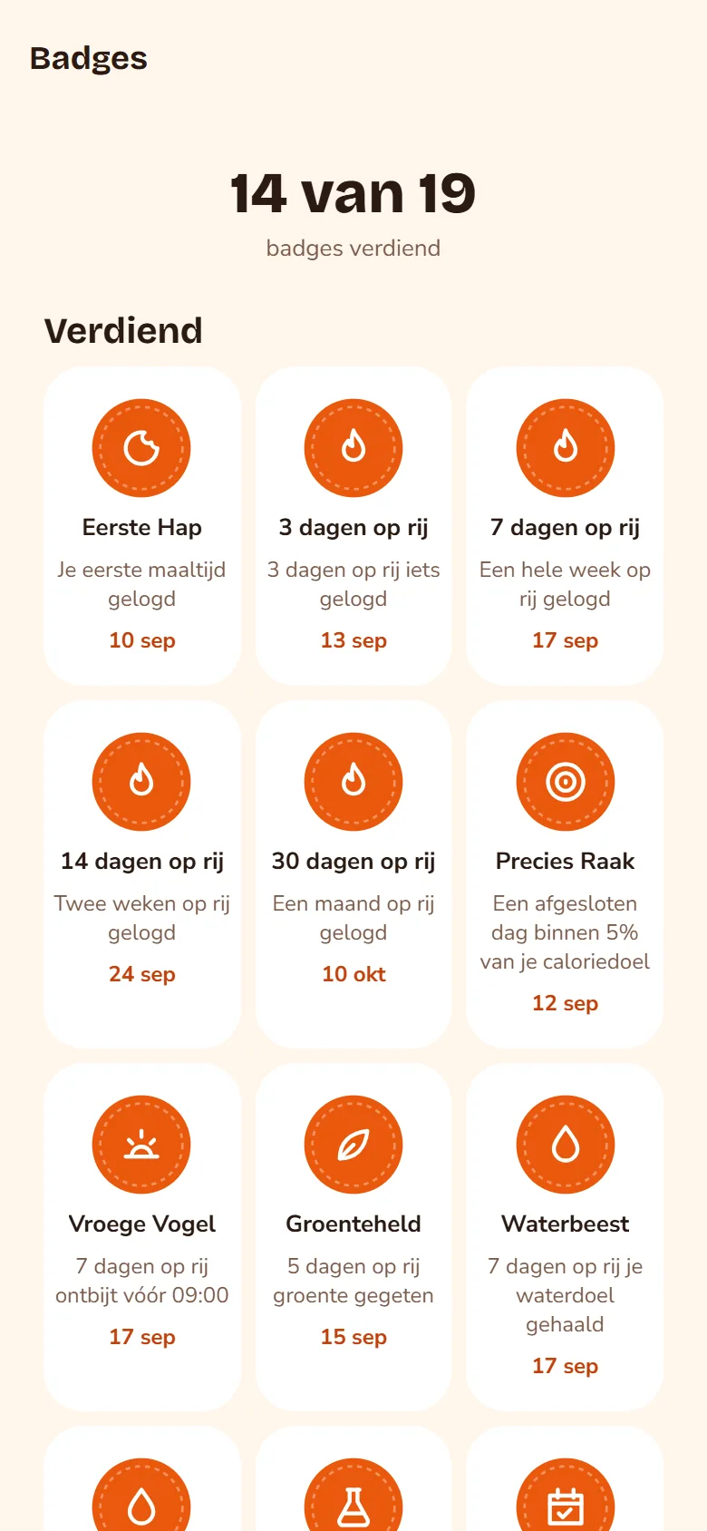 Schermafbeelding: badges-overzicht, 14 van 19 badges verdiend