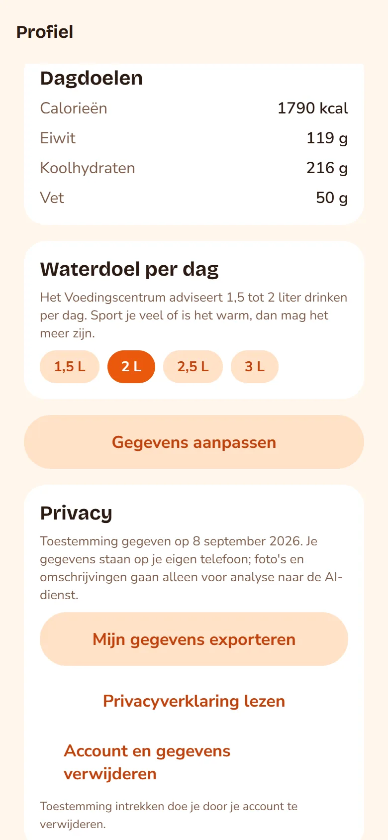 Schermafbeelding: profiel met waterdoel per dag en een privacyblok met de knoppen Mijn gegevens exporteren, Privacyverklaring lezen en Account en gegevens verwijderen.