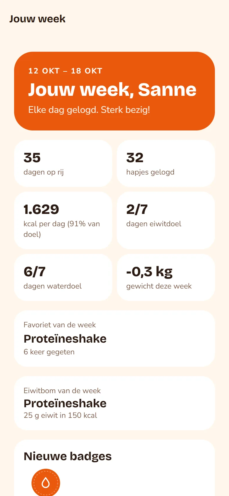 Schermafbeelding: Jouw week, met streak, aantal hapjes, gemiddelde kcal, eiwit- en waterdagen en gewichtsverschil